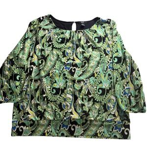 Alfani Woman Paisley Keyhole Blouse Green Blue Black 2X Plus Size 3/4 Sleeve